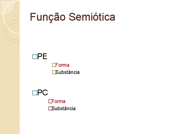 Função Semiótica �PE �Forma �Substância �PC �Forma �Substância 