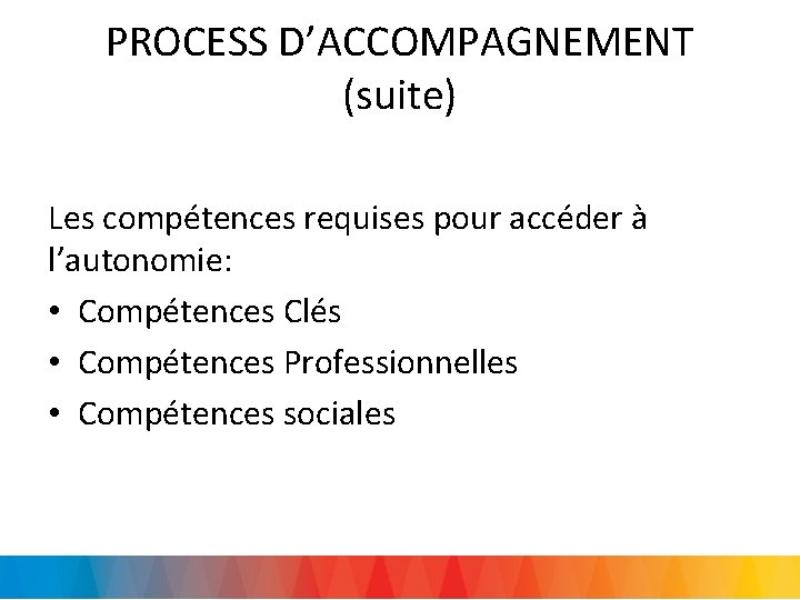 PROCESS D’ACCOMPAGNEMENT (suite) Les compétences requises pour accéder à l’autonomie: • Compétences Clés •