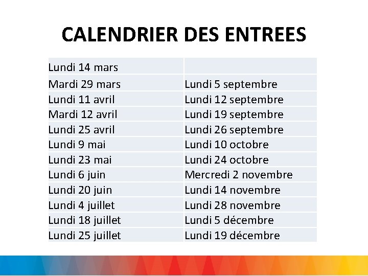 CALENDRIER DES ENTREES Lundi 14 mars Mardi 29 mars Lundi 11 avril Mardi 12