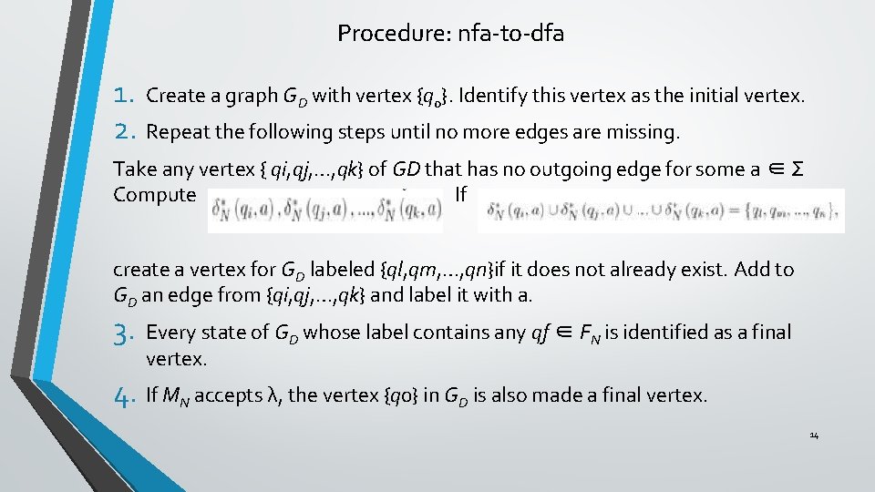 Procedure: nfa-to-dfa 1. Create a graph GD with vertex {q 0}. Identify this vertex