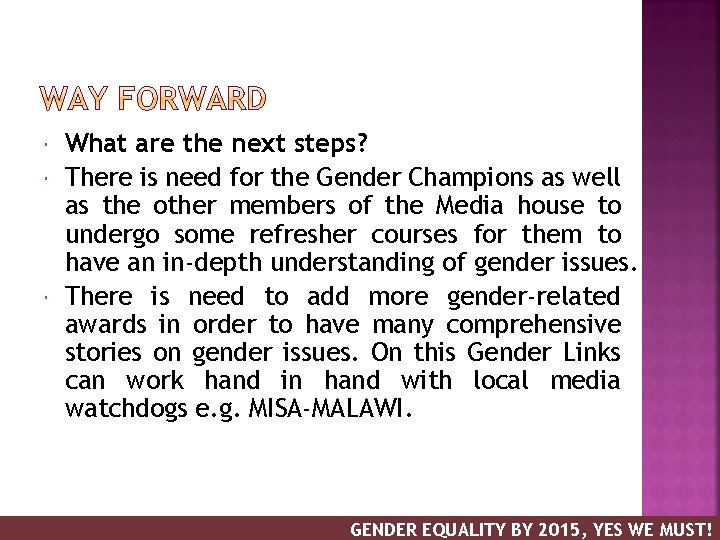  What are the next steps? There is need for the Gender Champions as