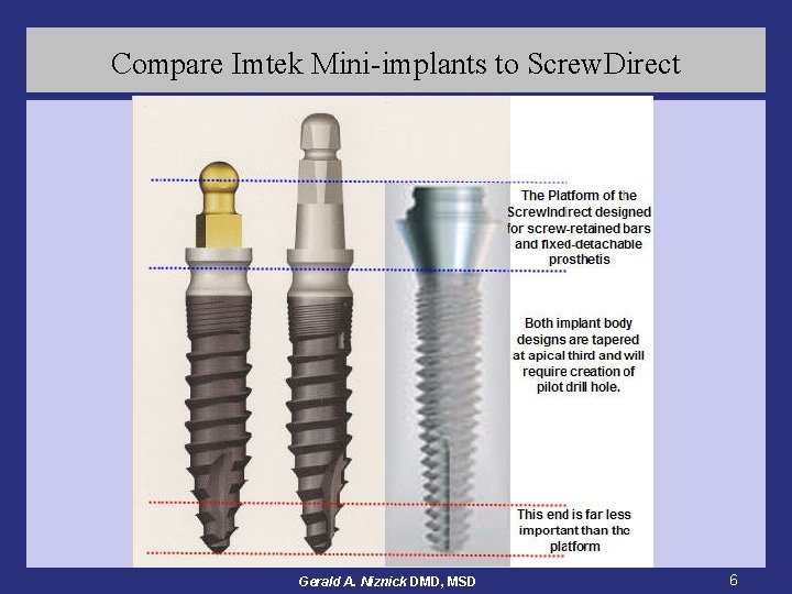 Compare Imtek Mini-implants to Screw. Direct Gerald A. Niznick DMD, MSD 6 