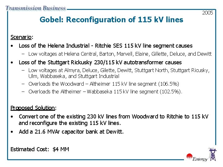 Gobel: Reconfiguration of 115 k. V lines 2005 Scenario: • Loss of the Helena