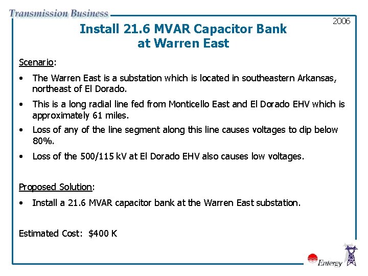 Install 21. 6 MVAR Capacitor Bank at Warren East 2006 Scenario: • The Warren