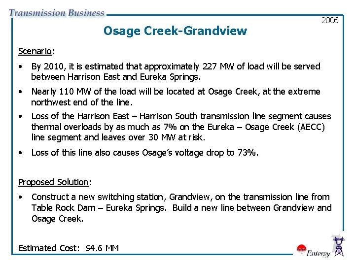 Osage Creek-Grandview 2006 Scenario: • By 2010, it is estimated that approximately 227 MW