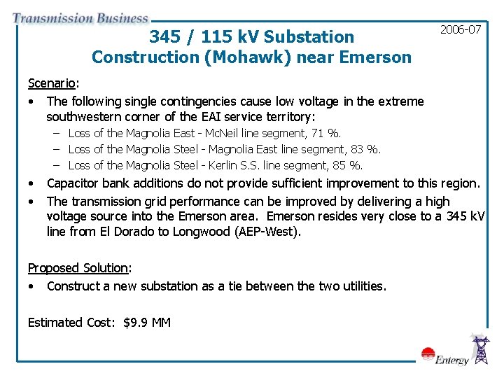345 / 115 k. V Substation Construction (Mohawk) near Emerson 2006 -07 Scenario: •