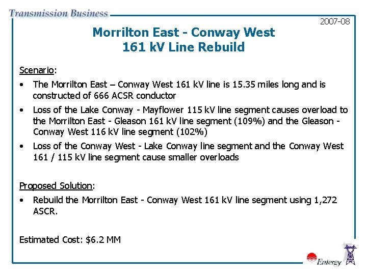 Morrilton East - Conway West 161 k. V Line Rebuild 2007 -08 Scenario: •