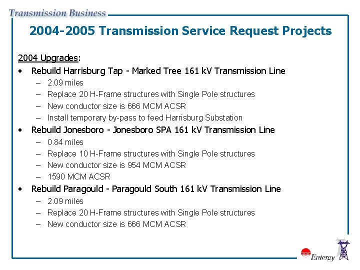 2004 -2005 Transmission Service Request Projects 2004 Upgrades: • Rebuild Harrisburg Tap - Marked