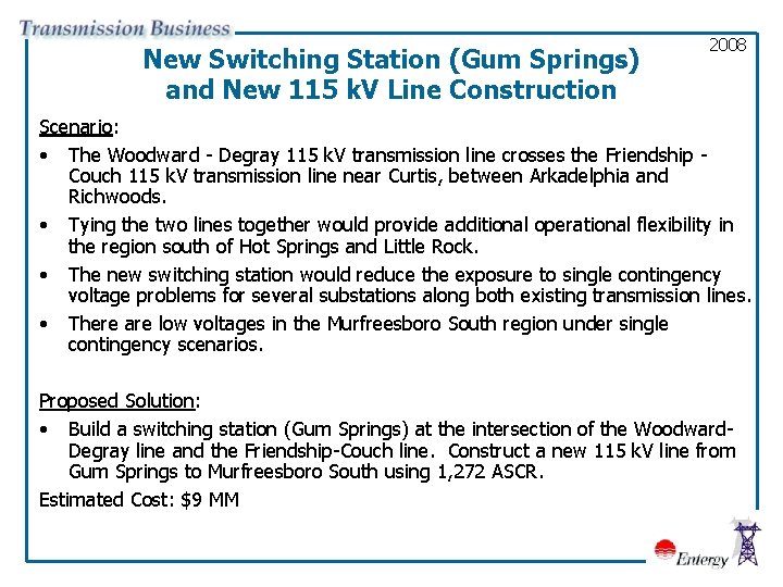 New Switching Station (Gum Springs) and New 115 k. V Line Construction 2008 Scenario: