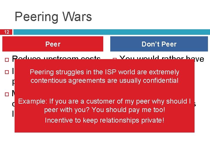 Peering Wars 12 Peer Don’t Peer Reduce upstream costs You would rather have customers