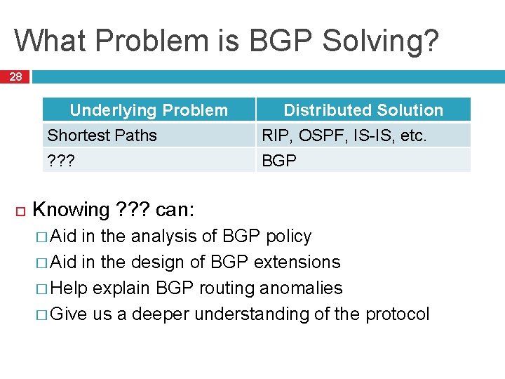 What Problem is BGP Solving? 28 Underlying Problem Shortest Paths ? ? ? Distributed
