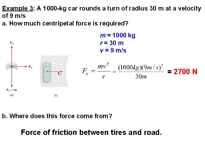 Example 3: A 1000 -kg car rounds a turn of radius 30 m at