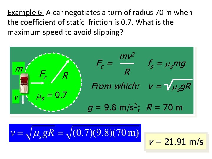 Example 6: A car negotiates a turn of radius 70 m when the coefficient