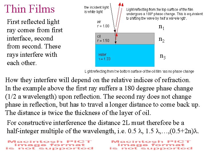 Thin Films First reflected light ray comes from first interface, second from second. These