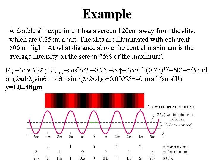 Example A double slit experiment has a screen 120 cm away from the slits,