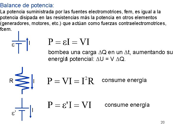 Balance de potencia: La potencia suministrada por las fuentes electromotrices, fem, es igual a