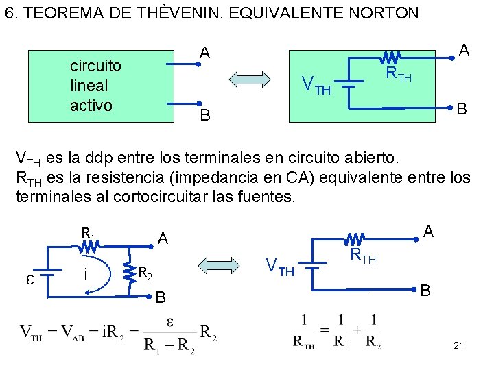 6. TEOREMA DE THÈVENIN. EQUIVALENTE NORTON A A circuito lineal activo RTH VTH B