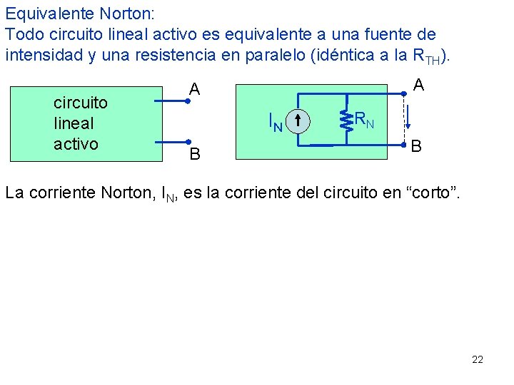 Equivalente Norton: Todo circuito lineal activo es equivalente a una fuente de intensidad y