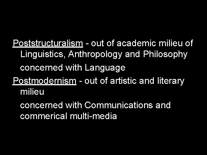 Poststructuralism - out of academic milieu of Linguistics, Anthropology and Philosophy concerned with Language