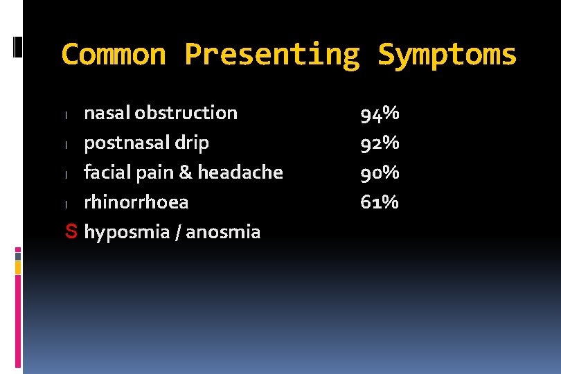Common Presenting Symptoms nasal obstruction l postnasal drip l facial pain & headache l