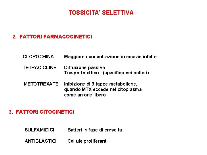 TOSSICITA’ SELETTIVA 2. FATTORI FARMACOCINETICI CLOROCHINA Maggiore concentrazione in emazie infette TETRACICLINE Diffusione passiva TOSSICITA’ SELETTIVA 2. FATTORI FARMACOCINETICI CLOROCHINA Maggiore concentrazione in emazie infette TETRACICLINE Diffusione passiva