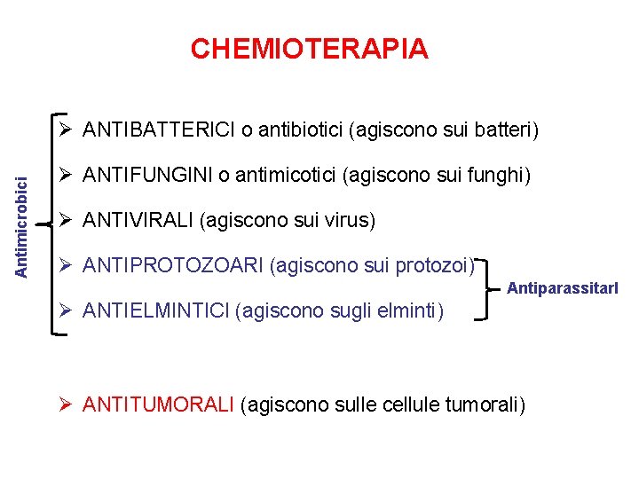 CHEMIOTERAPIA Antimicrobici Ø ANTIBATTERICI o antibiotici (agiscono sui batteri) Ø ANTIFUNGINI o antimicotici (agiscono CHEMIOTERAPIA Antimicrobici Ø ANTIBATTERICI o antibiotici (agiscono sui batteri) Ø ANTIFUNGINI o antimicotici (agiscono