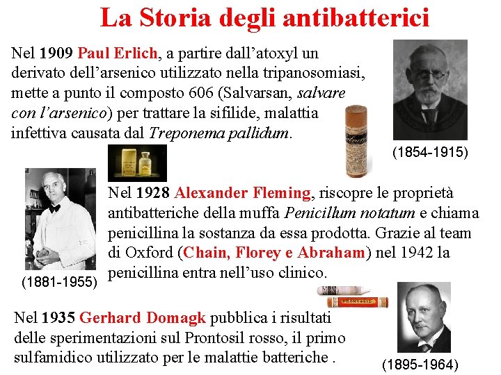 La Storia degli antibatterici Nel 1909 Paul Erlich, a partire dall’atoxyl un derivato dell’arsenico La Storia degli antibatterici Nel 1909 Paul Erlich, a partire dall’atoxyl un derivato dell’arsenico
