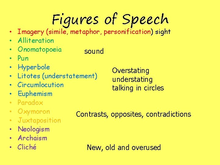 • • • • Figures of Speech Imagery (simile, metaphor, personification) sight Alliteration • • • • Figures of Speech Imagery (simile, metaphor, personification) sight Alliteration
