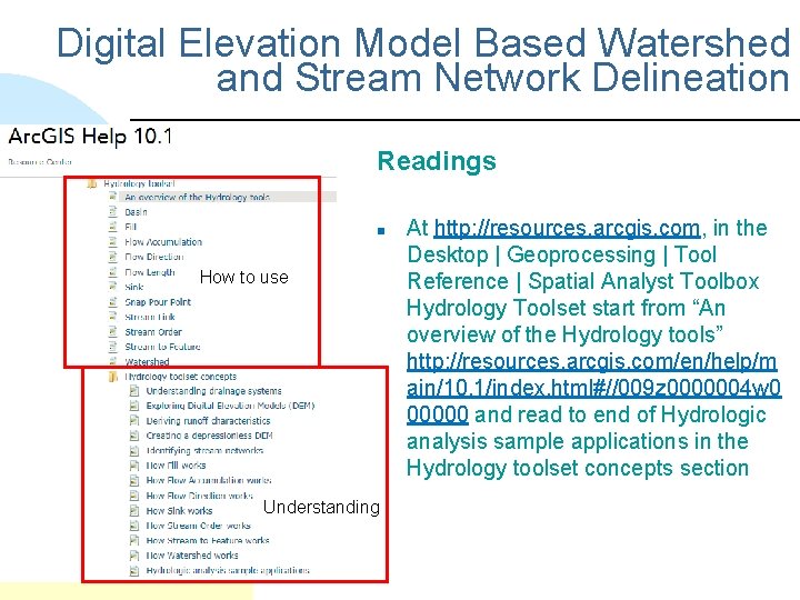 Digital Elevation Model Based Watershed and Stream Network Delineation Readings n How to use