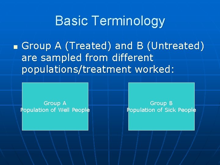 Basic Terminology n Group A (Treated) and B (Untreated) are sampled from different populations/treatment