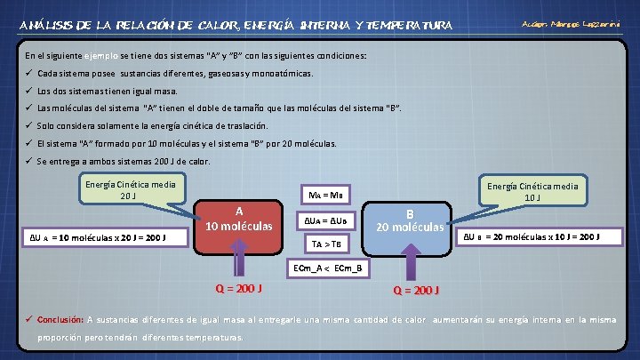 ANÁLISIS DE LA RELACIÓN DE CALOR, ENERGÍA INTERNA Y TEMPERATURA Autor: Marcos Lazzarini En