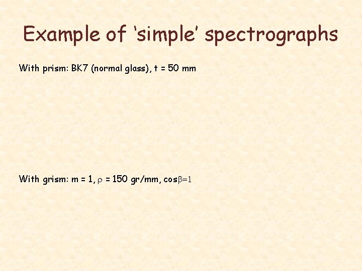 Example of ‘simple’ spectrographs With prism: BK 7 (normal glass), t = 50 mm