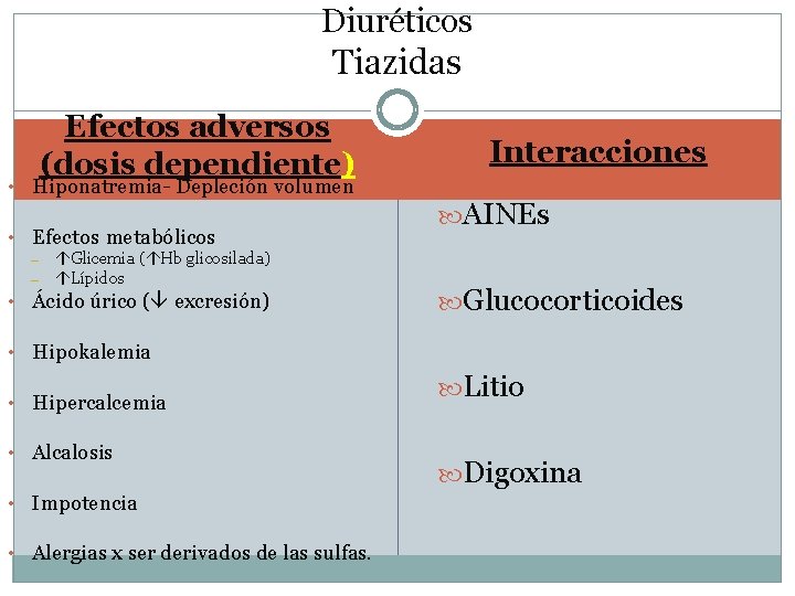 Diuréticos Tiazidas Efectos adversos (dosis dependiente) • Hiponatremia- Depleción volumen • Efectos metabólicos –