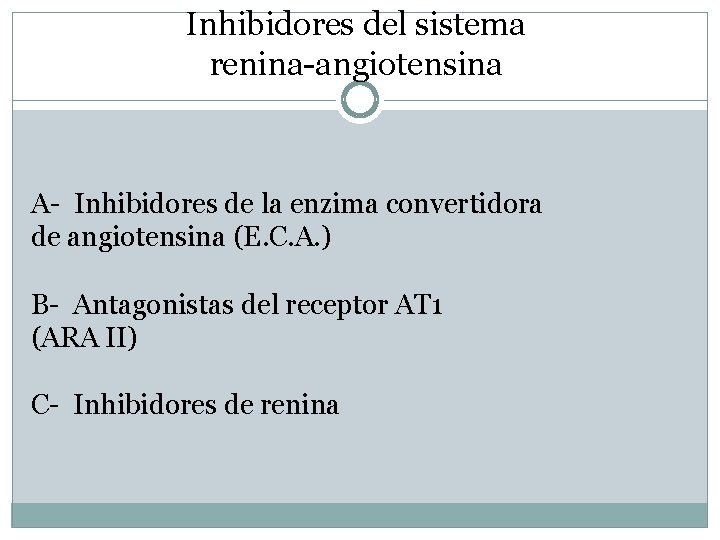 Inhibidores del sistema renina-angiotensina A- Inhibidores de la enzima convertidora de angiotensina (E. C.