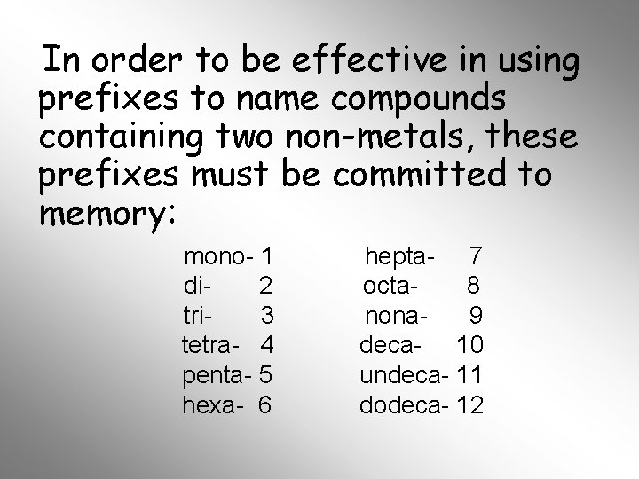 In order to be effective in using prefixes to name compounds containing two non-metals, In order to be effective in using prefixes to name compounds containing two non-metals,