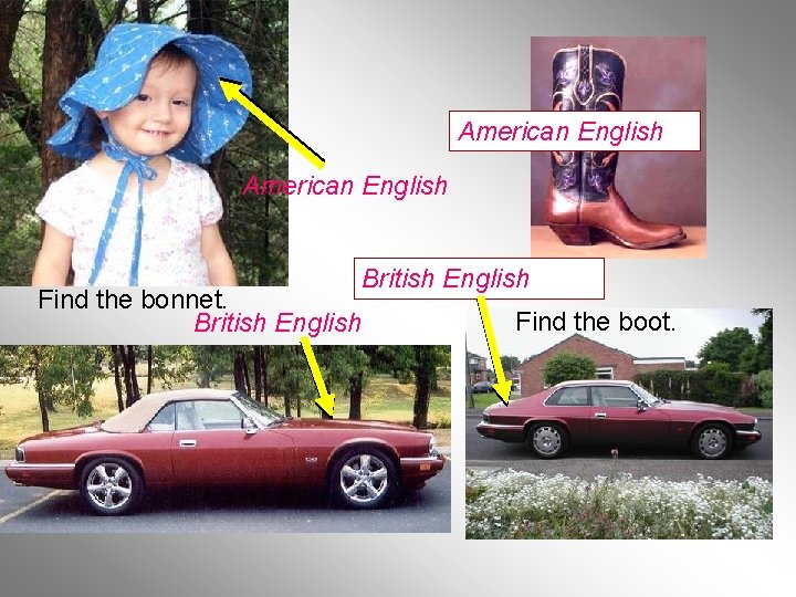 American English Find the bonnet. British English Find the boot. American English Find the bonnet. British English Find the boot.