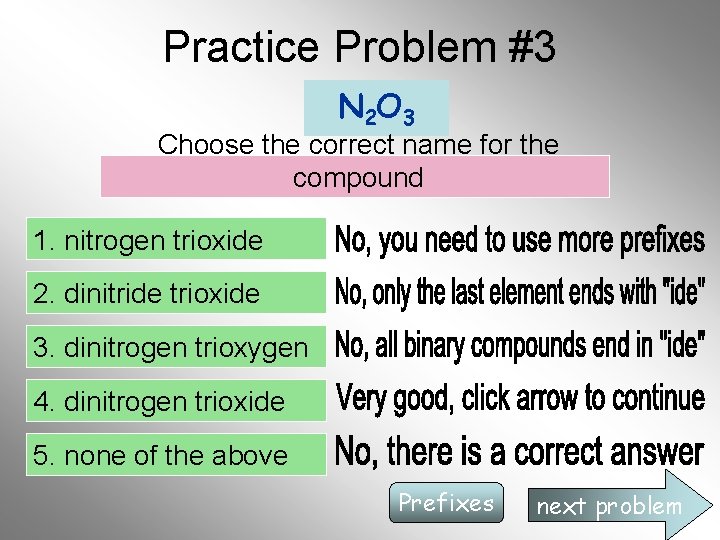 Practice Problem #3 N 2 O 3 Choose the correct name for the compound Practice Problem #3 N 2 O 3 Choose the correct name for the compound