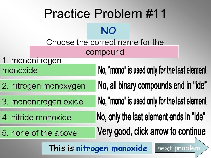 Practice Problem #11 NO Choose the correct name for the compound 1. mononitrogen monoxide Practice Problem #11 NO Choose the correct name for the compound 1. mononitrogen monoxide