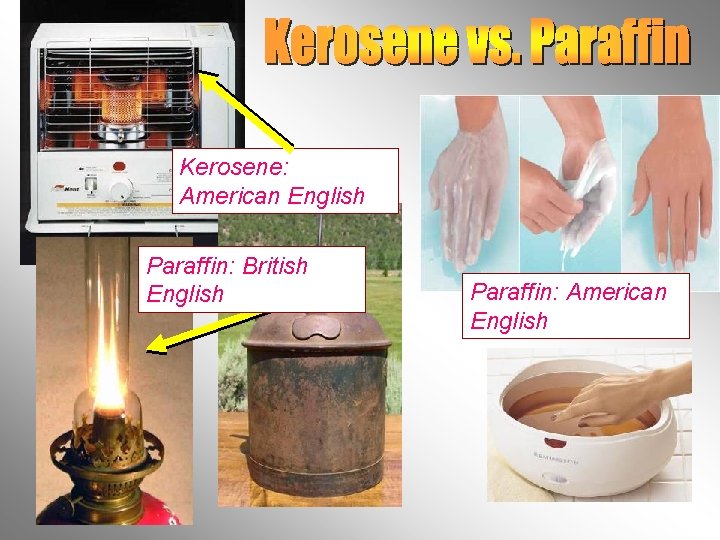 Kerosene: American English Paraffin: British English Paraffin: American English Kerosene: American English Paraffin: British English Paraffin: American English