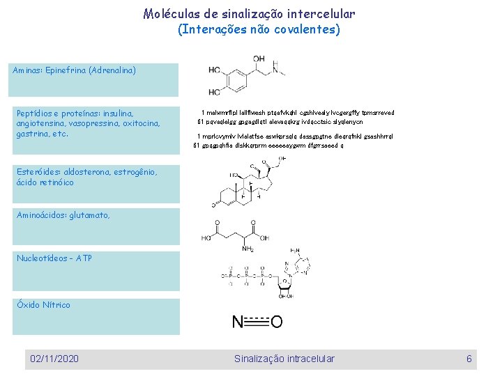 Moléculas de sinalização intercelular (Interações não covalentes) Aminas: Epinefrina (Adrenalina) Peptídios e proteínas: insulina,