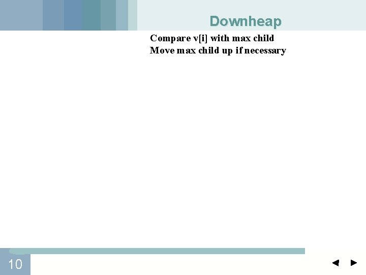 Downheap Compare v[i] with max child Move max child up if necessary 10 