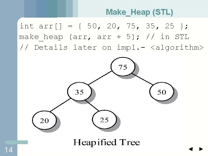 Make_Heap (STL) int arr[] = { 50, 20, 75, 35, 25 }; make_heap (arr,