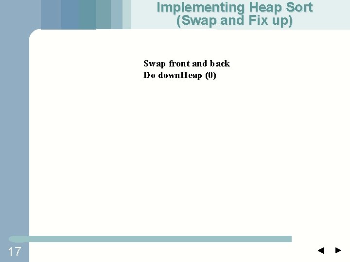 Implementing Heap Sort (Swap and Fix up) Swap front and back Do down. Heap