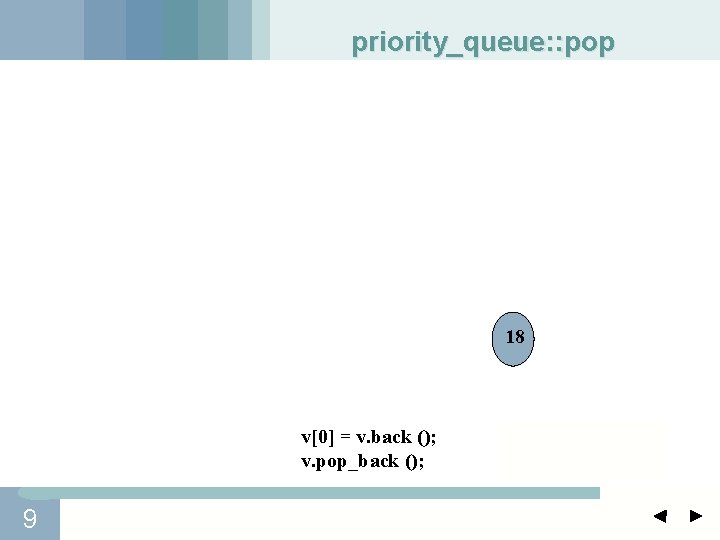 priority_queue: : pop 18 v[0] = v. back (); v. pop_back (); 9 