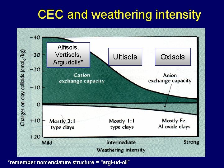 CEC and weathering intensity Alfisols, Vertisols, Argiudolls* Ultisols *remember nomenclature structure = “argi-ud-oll” Oxisols