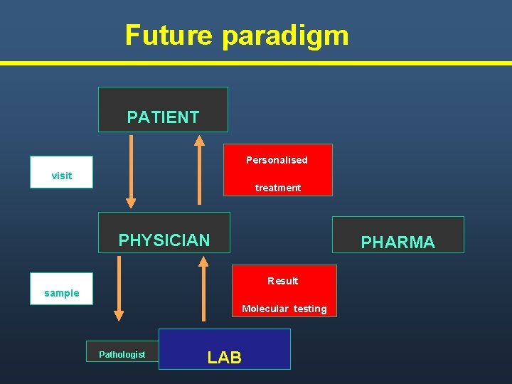 Future paradigm PATIENT Personalised visit treatment PHYSICIAN PHARMA Result sample Molecular testing Pathologist LAB Future paradigm PATIENT Personalised visit treatment PHYSICIAN PHARMA Result sample Molecular testing Pathologist LAB