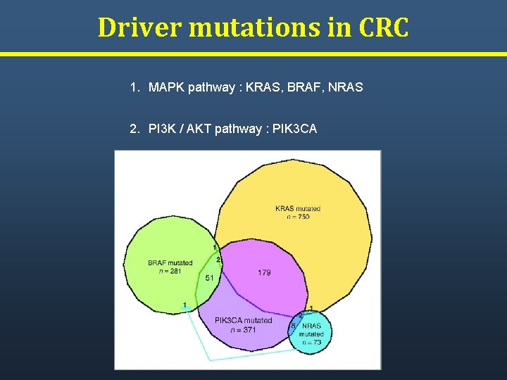 Driver mutations in CRC 1. MAPK pathway : KRAS, BRAF, NRAS 2. PI 3 Driver mutations in CRC 1. MAPK pathway : KRAS, BRAF, NRAS 2. PI 3