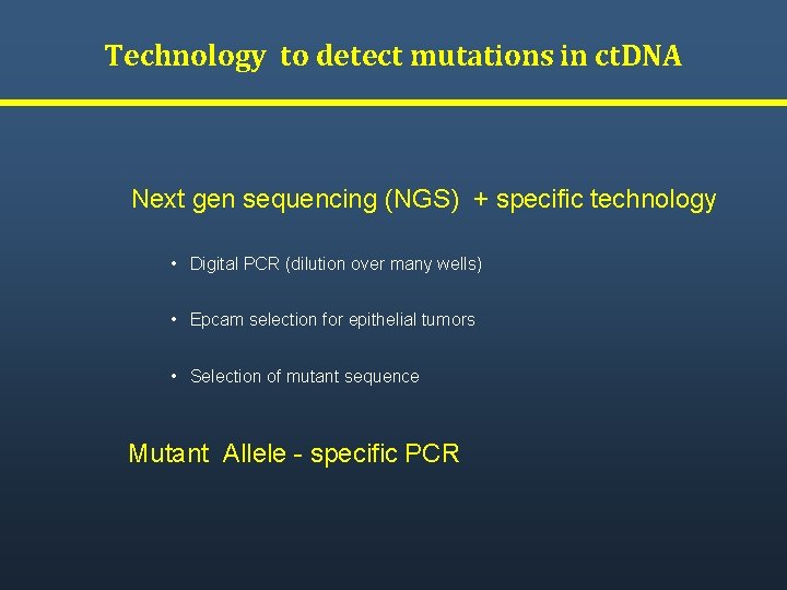 Technology to detect mutations in ct. DNA Next gen sequencing (NGS) + specific technology Technology to detect mutations in ct. DNA Next gen sequencing (NGS) + specific technology