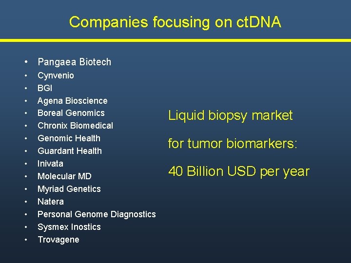 Companies focusing on ct. DNA • Pangaea Biotech • • • • Cynvenio BGI Companies focusing on ct. DNA • Pangaea Biotech • • • • Cynvenio BGI