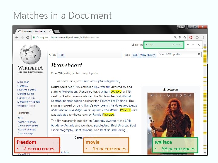 Matches in a Document freedom • 7 occurrences movie • 16 occurrences wallace •